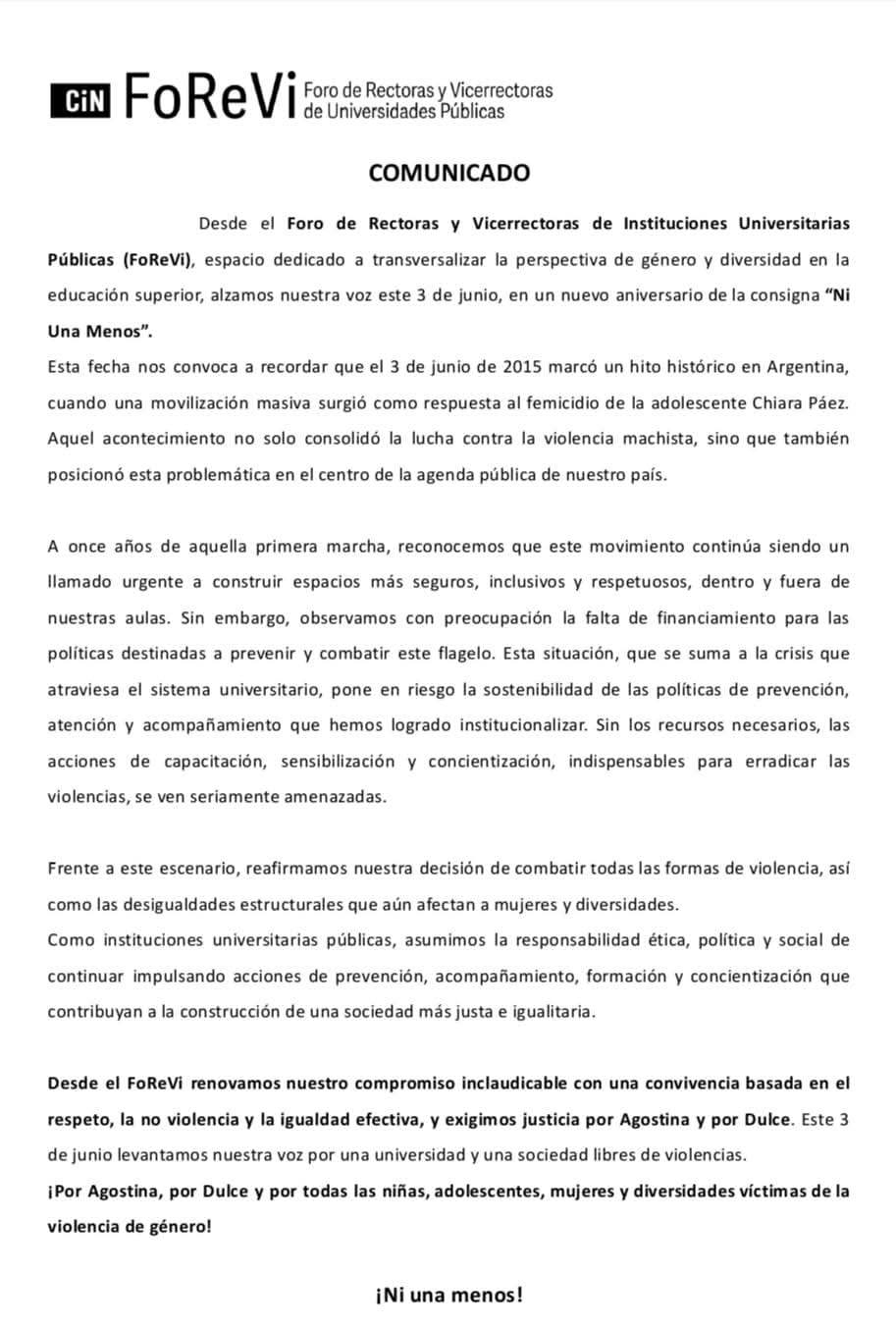 Las Universidades Públicas Nacionales emitieron un comunicado por los 11 años de "Ni una Menos"
