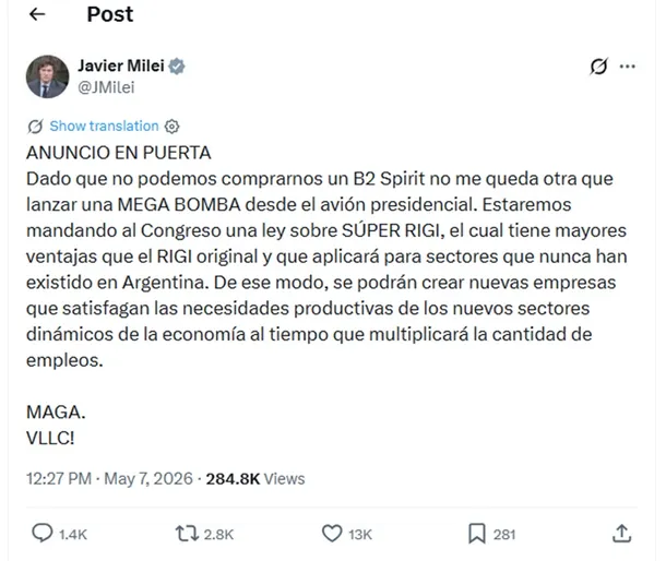 Grandilocuente anuncio de Javier Milei desde el avión presidencial: "SÚPER RIGI"