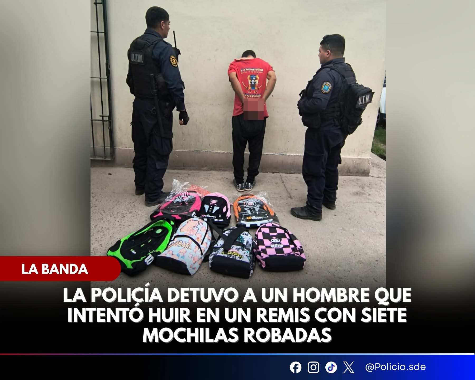 La Banda: fue detenido al intentar huir en un remis con 7 mochilas robadas